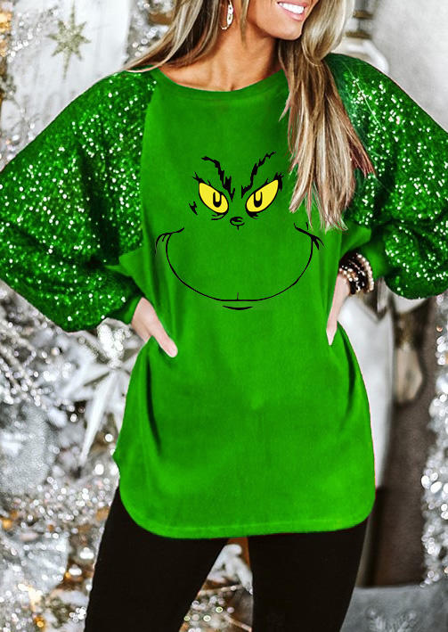 

Blouses Cartoon Sequined Raglan Long Sleeve Blouse in Green. Size