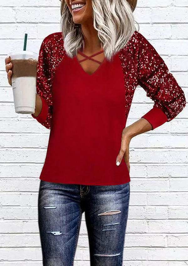 Blouses Sequined Splicing Criss-Cross Long Sleeve Blouse in Red. Size: S