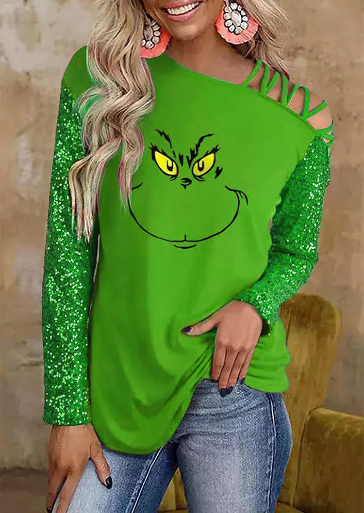 Blouses Cartoon One Sided Cold Shoulder Sequined Blouse in Green. Size: 2XL,3XL