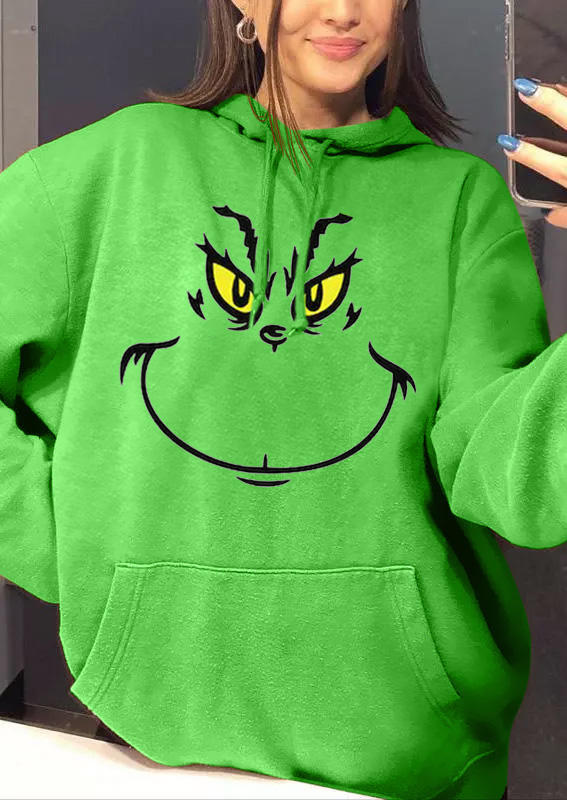 

Hoodies Christmas Cartoon Face Kangaroo Pocket Hoodie in Green. Size: ,M,L,XL