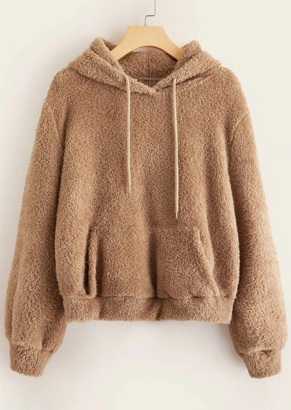 

Hoodies Fuzzy Drawstring Kangaroo Pocket Hoodie in Khaki. Size: ,M,L,XL