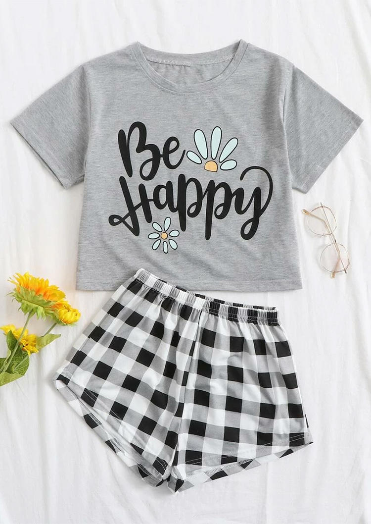 

Sleepwear Be Happy Daisy T-Shirt Tee And Plaid Shorts Pajamas Set in Gray. Size: ,M,L,XL