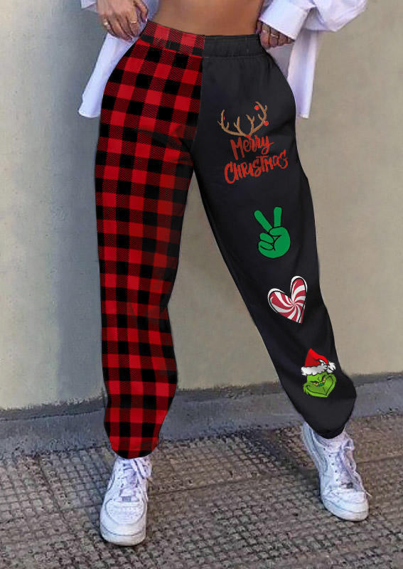 

Pants Merry Christm Reindeer Buffalo Plaid Color Block Sweatpants in Black. Size: L,M,,XL