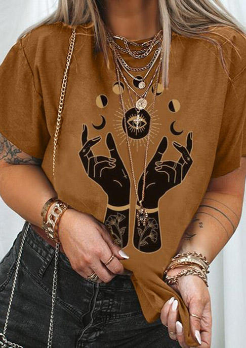 

T-shirts Tees Moon Hand Floral O-Neck T-Shirt Tee in Brown. Size: ,M,L,XL