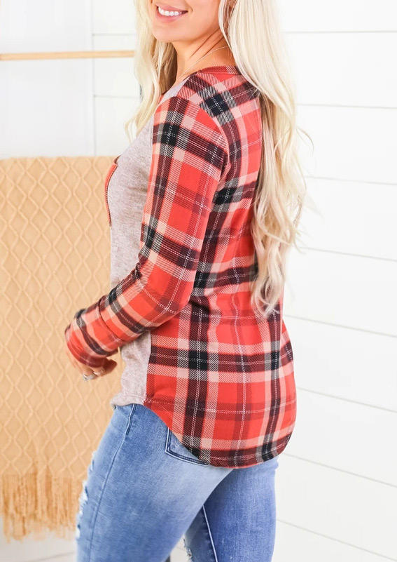 Blouses Plaid Pocket Splicing Long Sleeve Blouse in Multicolor. Size: L,M,S,XL