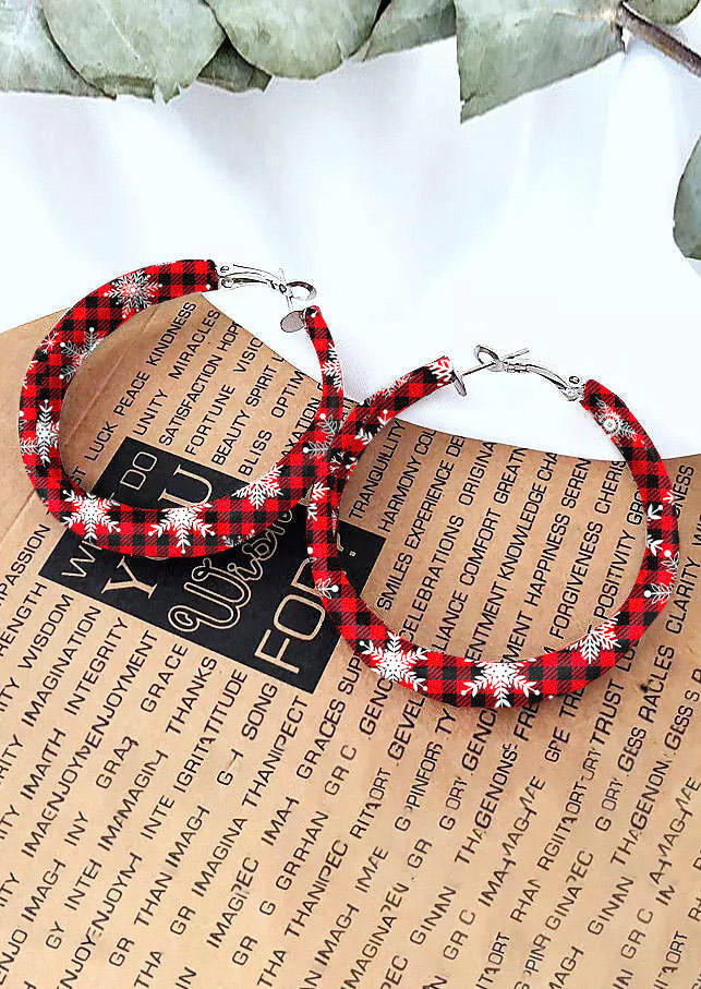 

Earrings Christmas Snowflake Plaid Round Leather Earrings in Red. Size