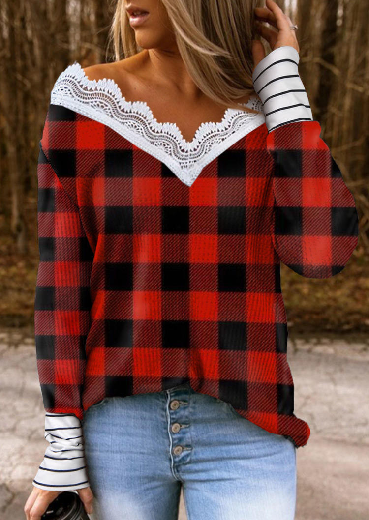 Blouses Plaid Lace Splicing Knitted Long Sleeve Blouse in Multicolor. Size: L,M,S,XL
