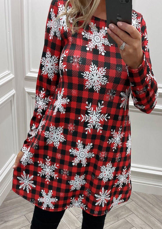Snowflake Plaid Long�0�2Sleeve Mini Dress