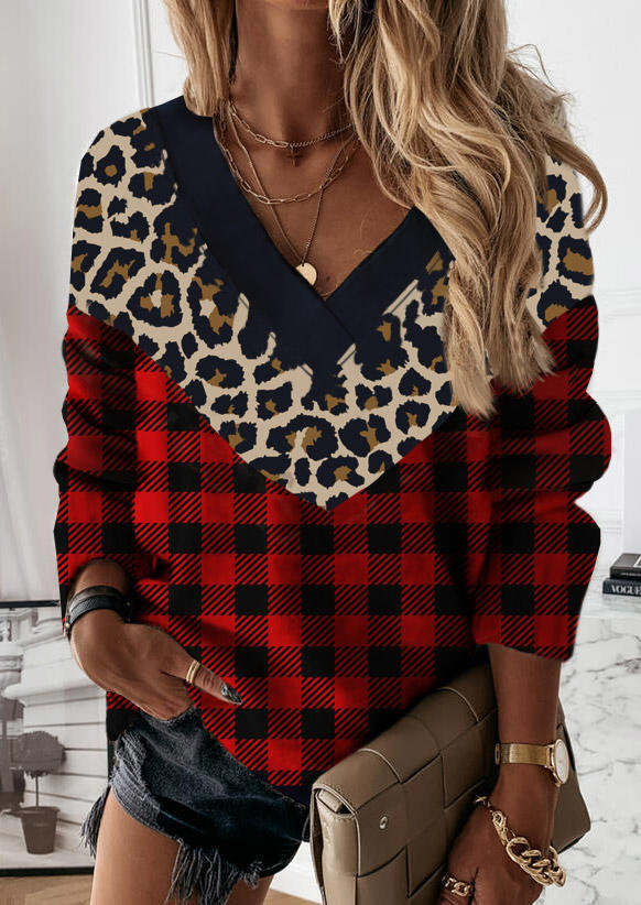 Blouses Leopard Plaid Long Sleeve V-Neck Blouse in Red. Size: S