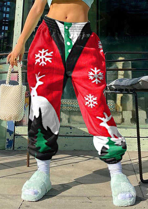 

Pants Christmas Reindeer Snowflake Elastic Waist Sweatpants in Red. Size: ,M,L,XL