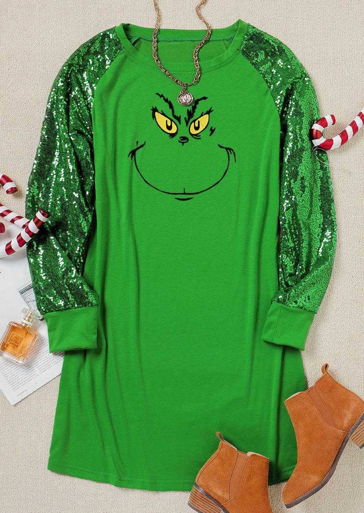 Mini Dresses Cartoon Sequined Long Sleeve Mini Dress -  Green in Green. Size: S,M,L,XL
