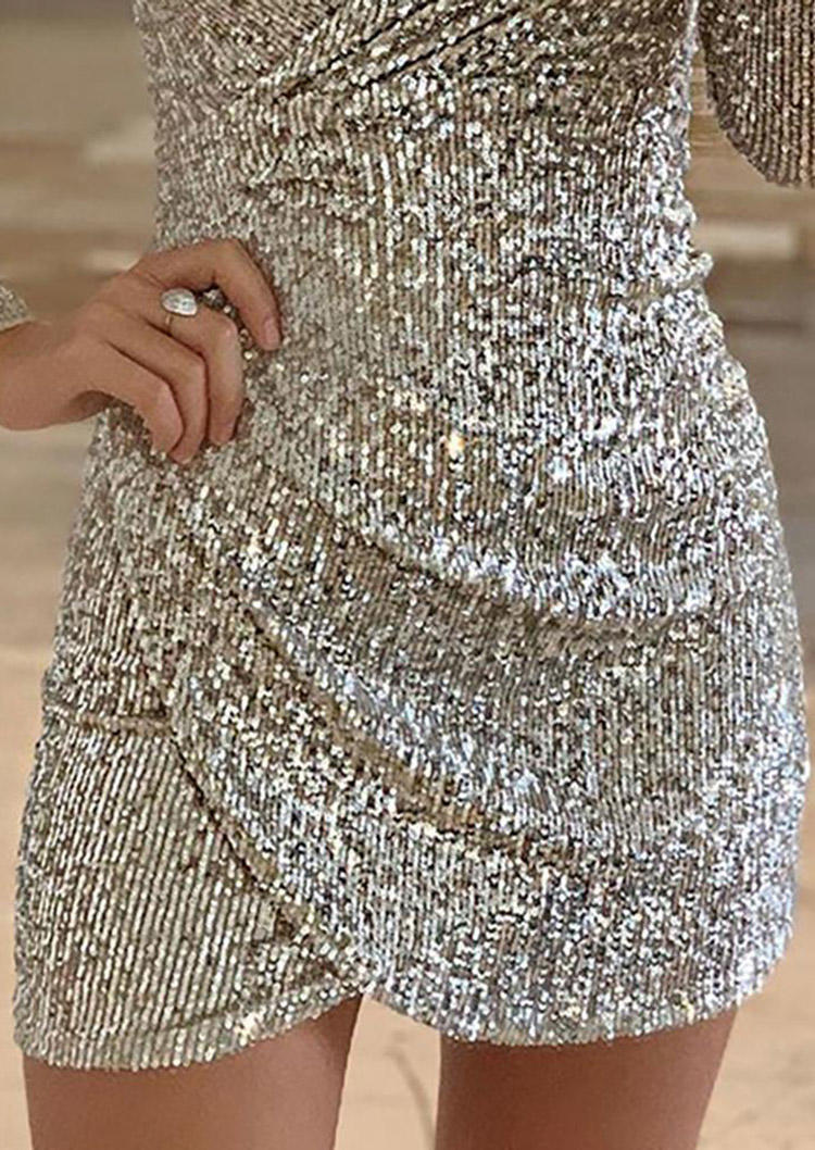 Sequined Wrap Long Sleeve Bodycon Dress - Silver