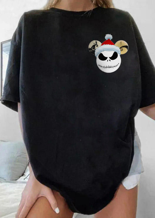 

T-shirts Tees Christmas Hat Skull O-Neck T-Shirt Tee in Black. Size: ,M,L,XL