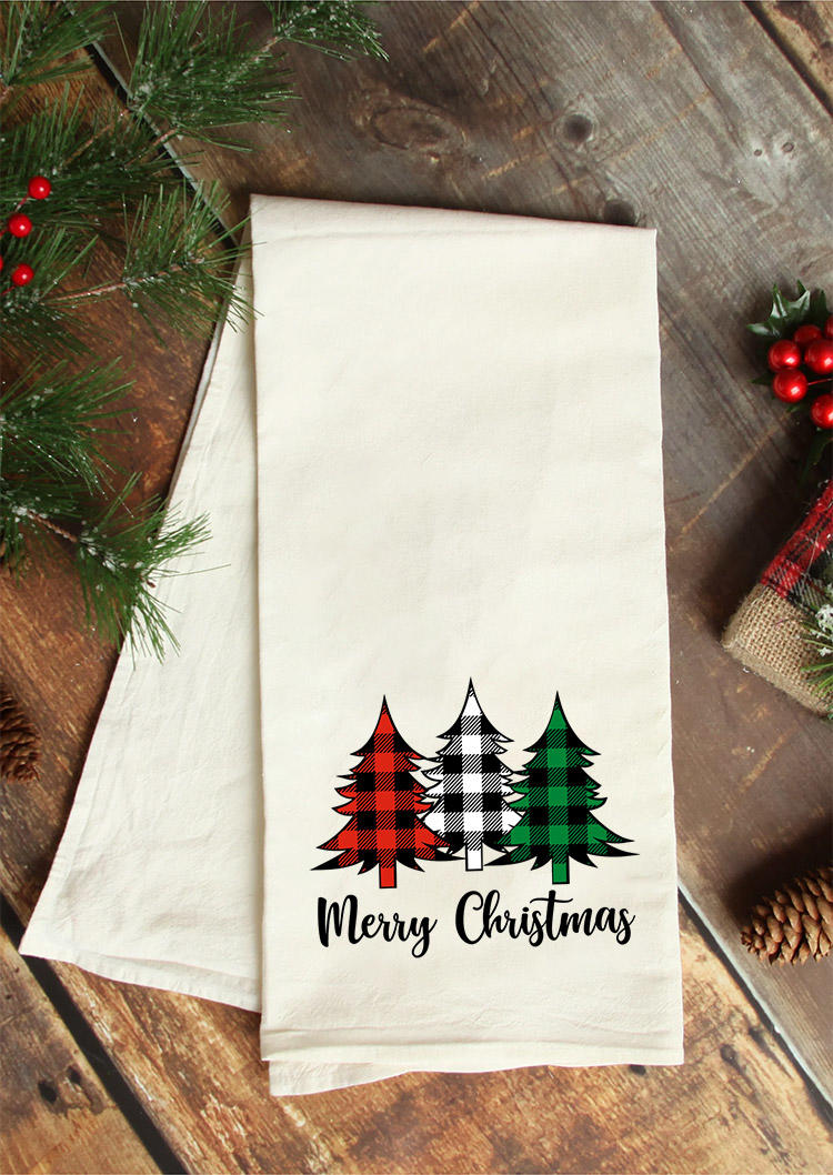

Christmas Decoration Merry Christmas Buffalo Plaid Tree Tea Towel in White. Size