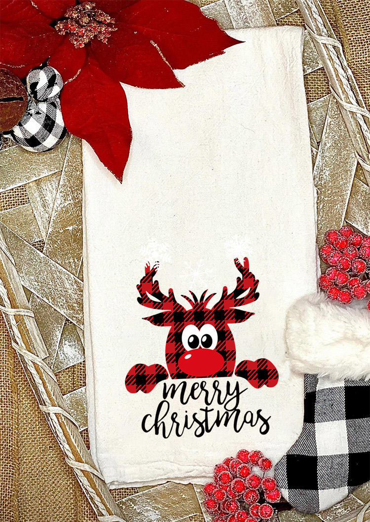 

Christmas Decoration Merry Christmas Plaid Reindeer Tea Towel in White. Size