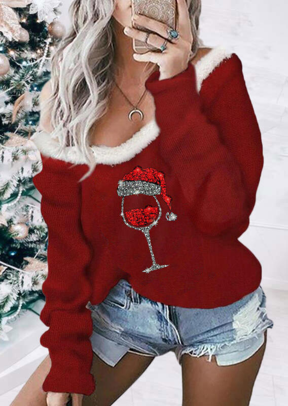 Blouses Hat Wine Glass Plush Blouse in Red. Size: S,L