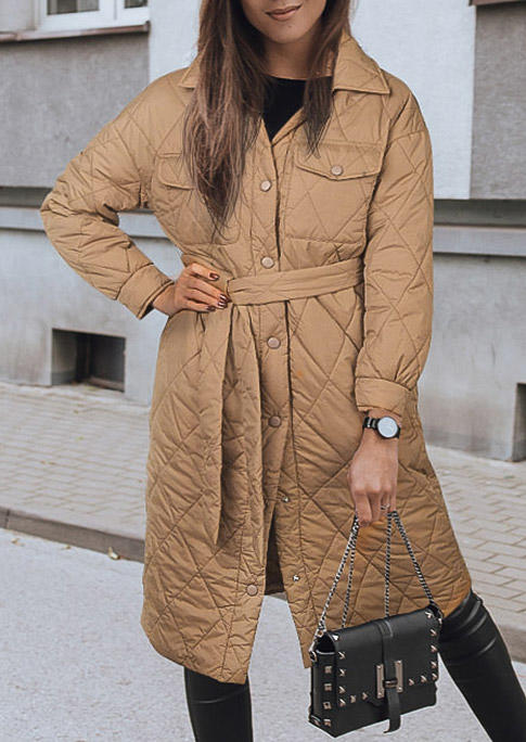 

Coats Button Pocket Long Parka Coat with Belt in Khaki. Size: ,M,L,XL