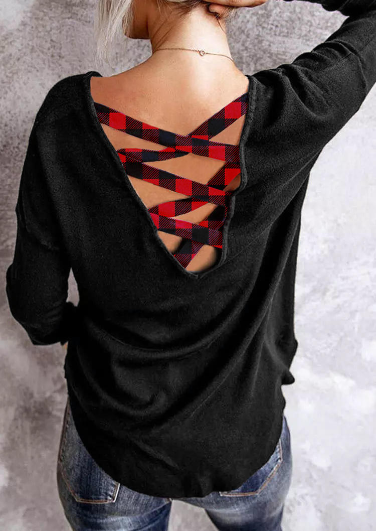 Blouses Plaid Criss-Cross Long Sleeve Blouse in Black. Size: L,M,S,XL