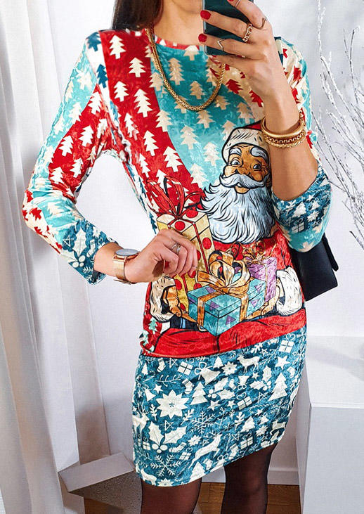 Mini Dresses Tree Snowflake Santa Claus Mini Dress in Multicolor. Size: L,M,S,XL