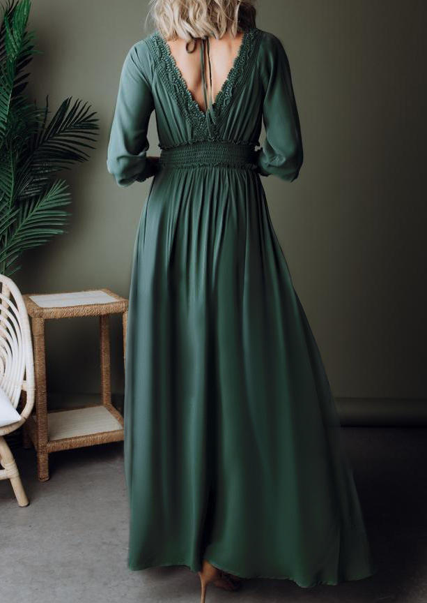 Maxi Dresses Lace Smocked V-Neck Maxi Dress in Green. Size: M,L