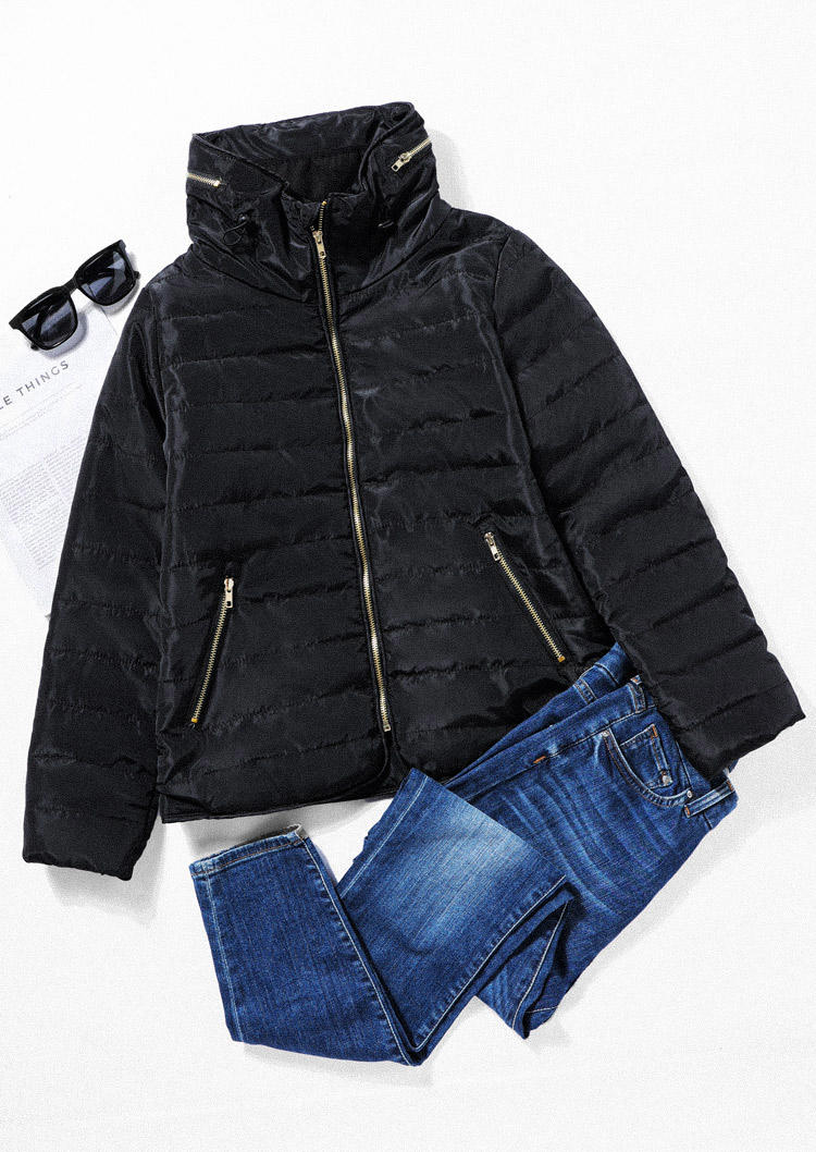 Coats Zipper Pocket Long Sleeve Hooded Parka Coat in Black. Size: S,M,L,XL