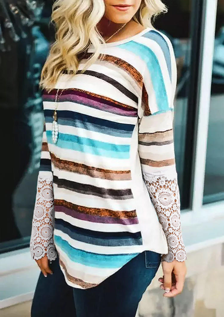 Striped Lace Splicing Long Sleeve Blouse
