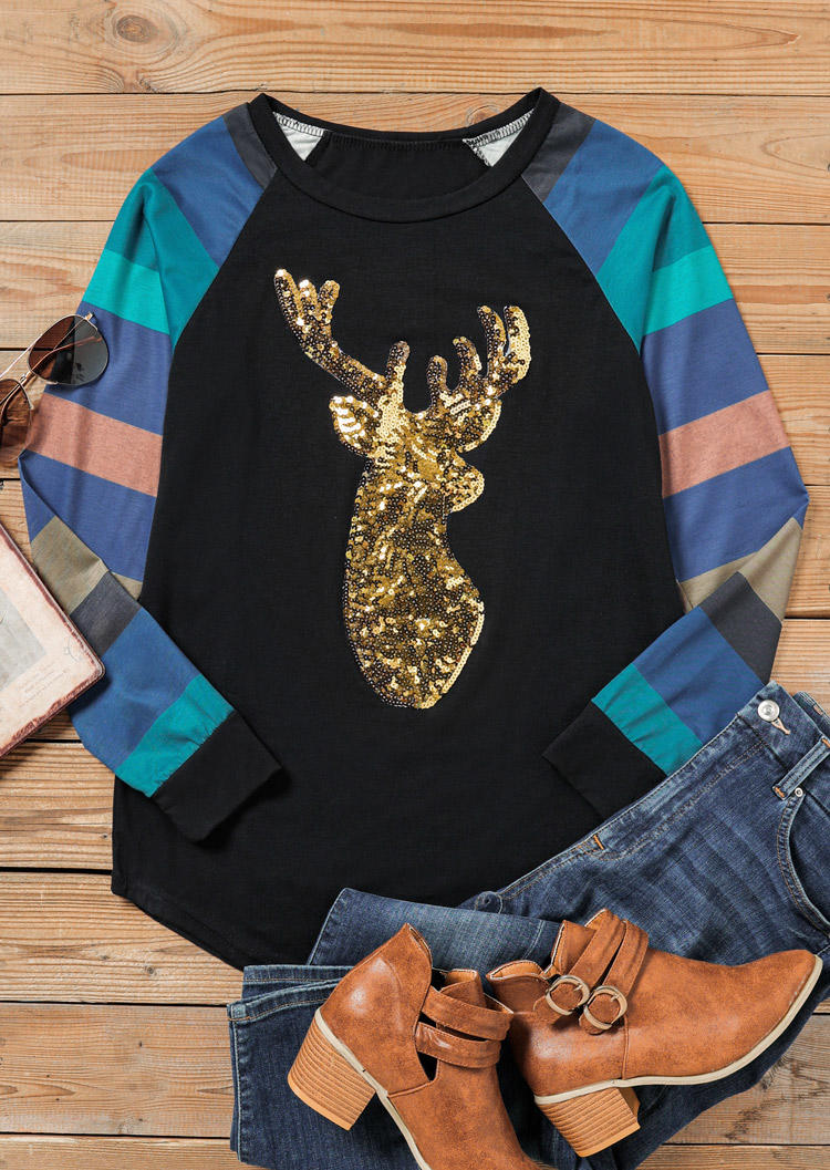 

Blouses Christmas Sequined Reindeer Striped Raglan Sleeve Blouse in Black. Size: ,M,L,XL