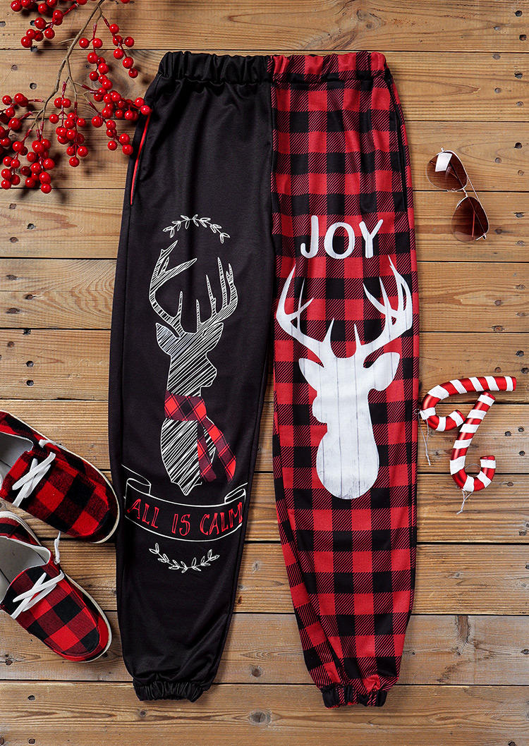 Christmas Buffalo Plaid Reindeer Color Block Joy Sweatpants - Black