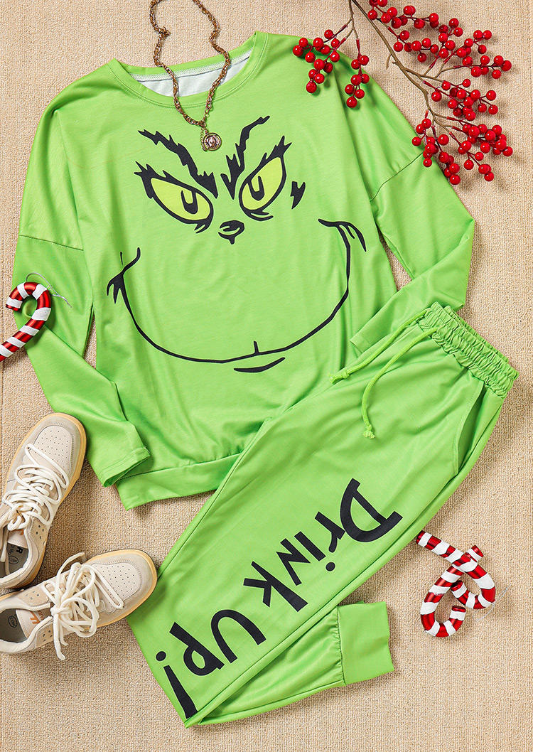 

Two-Piece Sets Christmas Cartoon Blouse And Drink Up Pants Two-Piece Set in Green. Size: ,M
