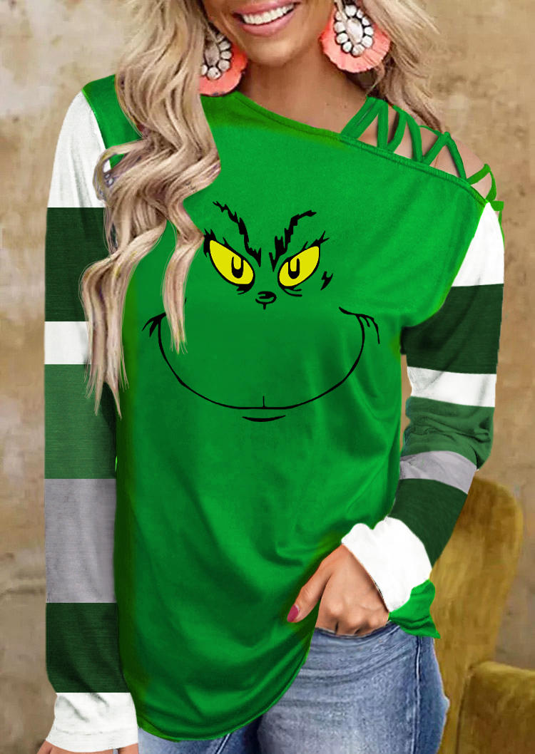 

Blouses Cartoon One Sided Cold Shoulder Striped Blouse in Green. Size: ,M,L,XL