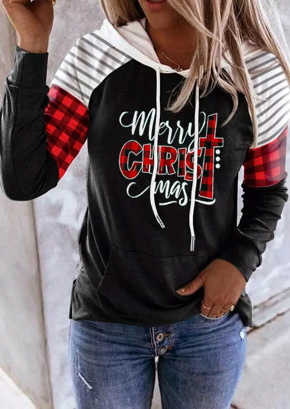 

Hoodies Merry Christmas Plaid Striped Long Sleeve Hoodie in Black. Size
