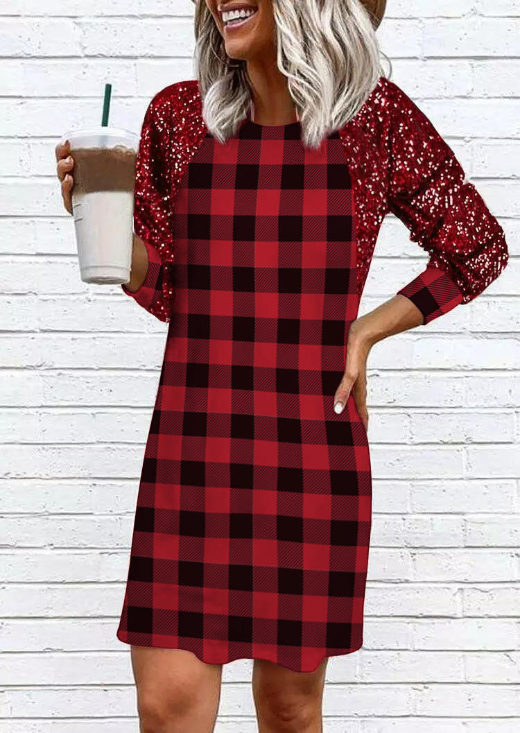 

Mini Dresses Sequined Plaid Long Sleeve Mini Dress in Red. Size: ,M,L,XL