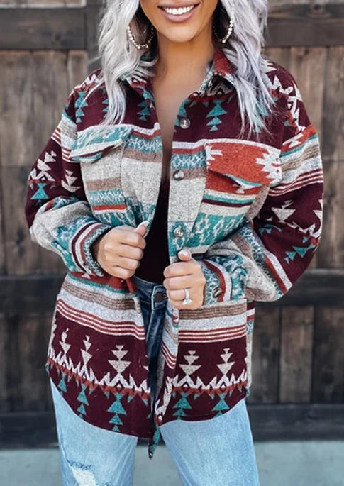 

Coats Pocket Button Geometric Western Coat in Burgundy. Size: ,M,L,XL
