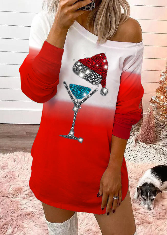Hat Wine Gradient Long Sleeve Mini Dress - Red
