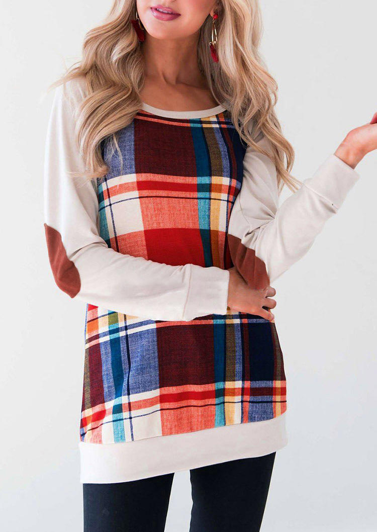 Plaid Splicing Long Sleeve Blouse - Pink