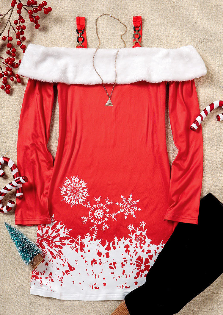 Mini Dresses Snowflake Plush Cold Shoulder Mini Dress in Red. Size: L,M,S,XL