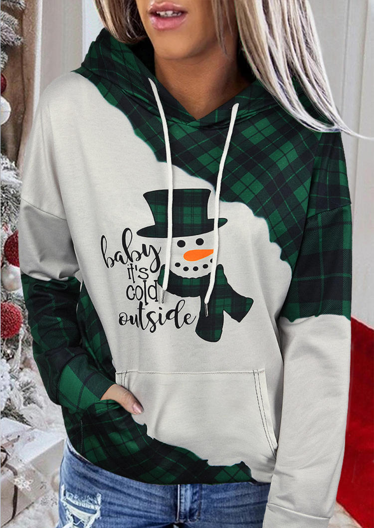 Hoodies Baby It's Cold Outside Pocket Plaid Hoodie in Green. Size: L,M,S