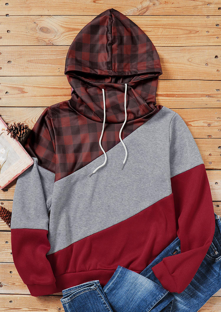 Hoodies Buffalo Plaid Color Block Hoodie in Red. Size: XL