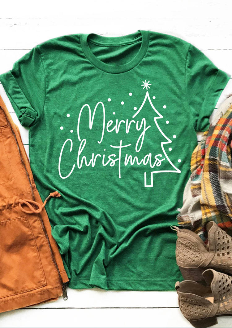 T-shirts Tees Merry Christmas Tree O-Neck T-Shirt Tee in Green. Size: L,M,S