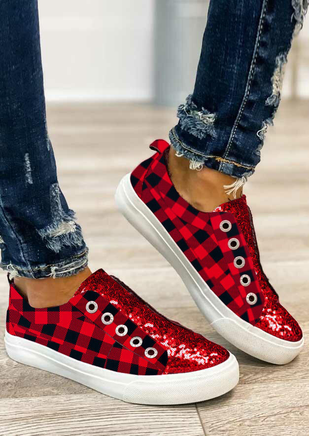 

Sneakers Sequined Buffalo Plaid Round Toe Flat Sneakers in Red. Size