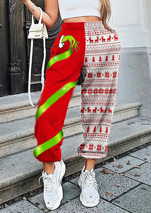 

Pants Christmas Cartoon Reindeer Snowflake Color Block Sweatpants in Red. Size: ,M,L,XL
