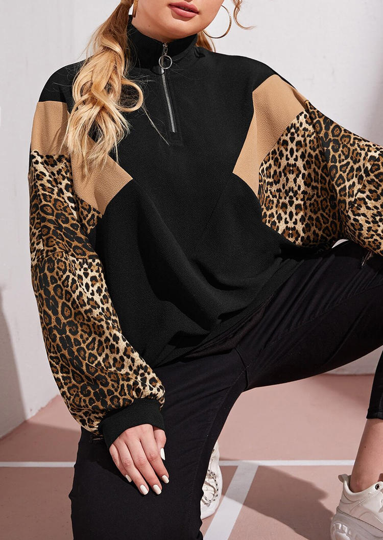 

Sweatshirts Leopard Color Block Zipper Collar Sweatshirt in Black. Size: ,M,L,XL