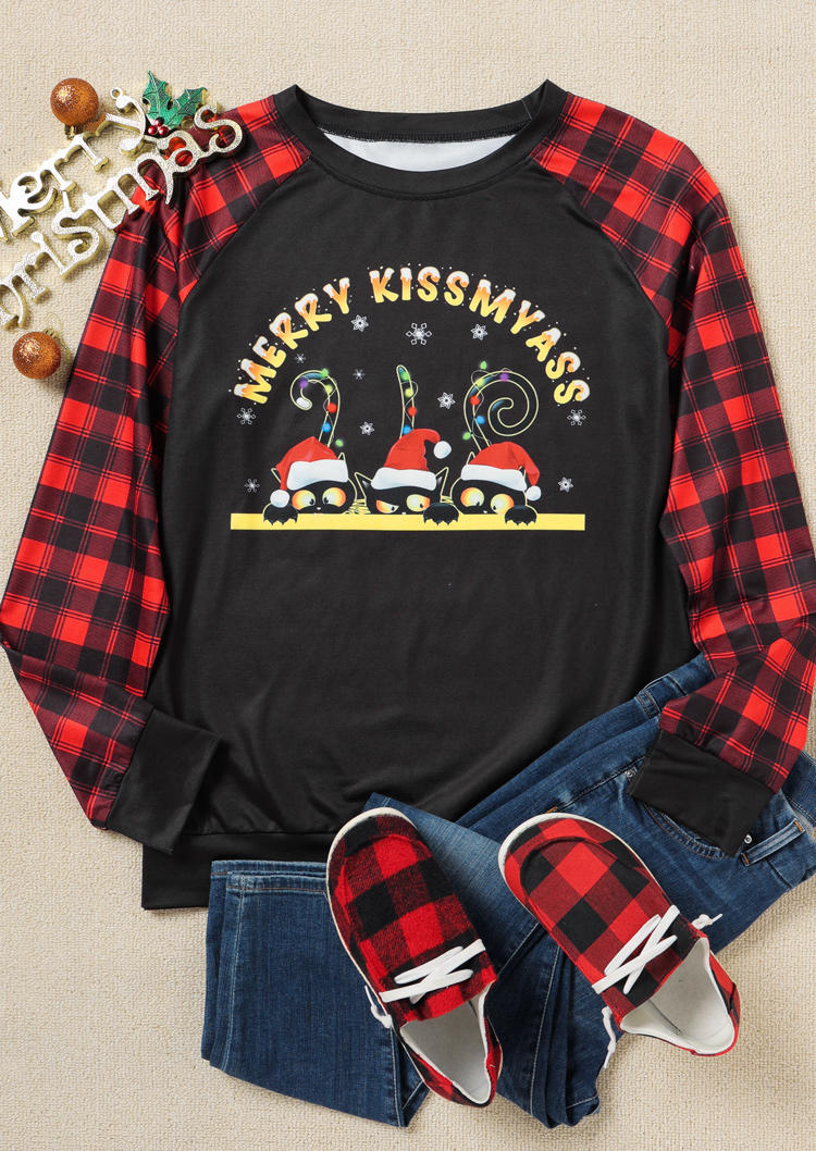 Merry Kiss My Ass Cat Plaid Sweatshirt - Black