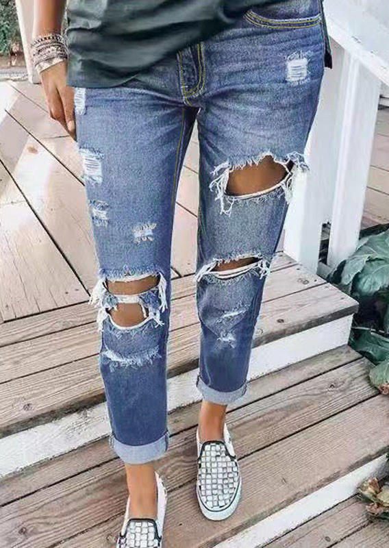 

Pants Pocket Ripped Hole Frayed Hem Jeans Pants in Blue. Size: ,M,L,XL