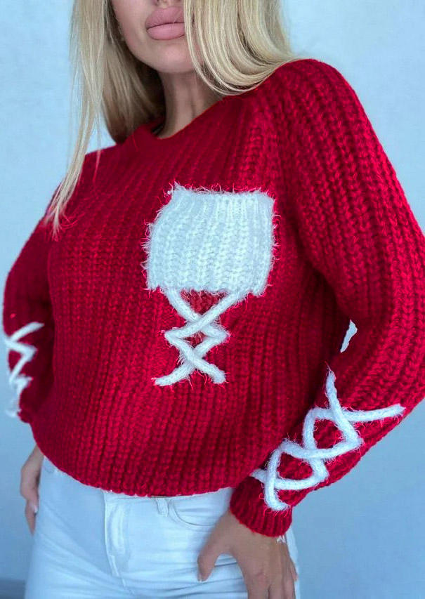

Sweaters Knitted O-Neck Drop Shoulder Sweater in Red. Size: ,M,L,XL