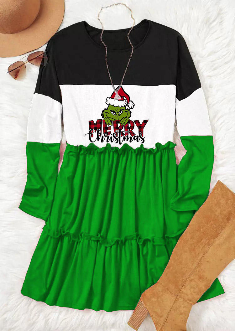 Mini Dresses Merry Christmas Cartoon Color Block Ruffled Mini Dress in Green. Size: S,M,L