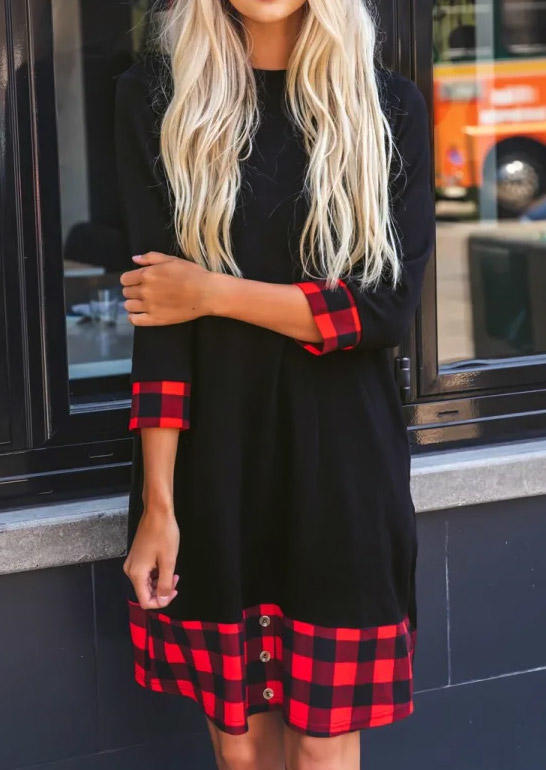 Buffalo Plaid Splicing Pocket Mini Dress - Black