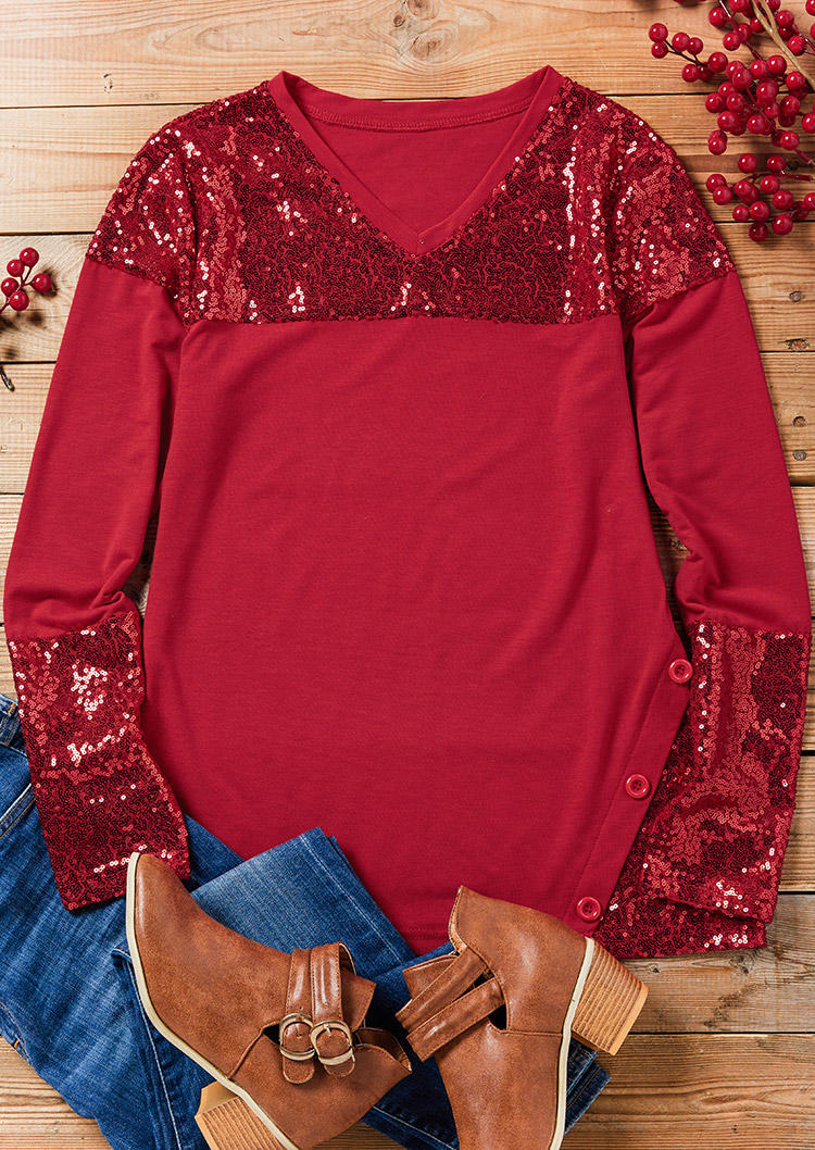 Blouses Sequined Splicing Button Casual Blouse in Red. Size: L,M,S,XL