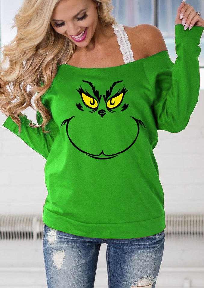 

Sweatshirts Christmas Cartoon Pullover Sweatshirt without Lace Strap in Green. Size: ,M,L,XL