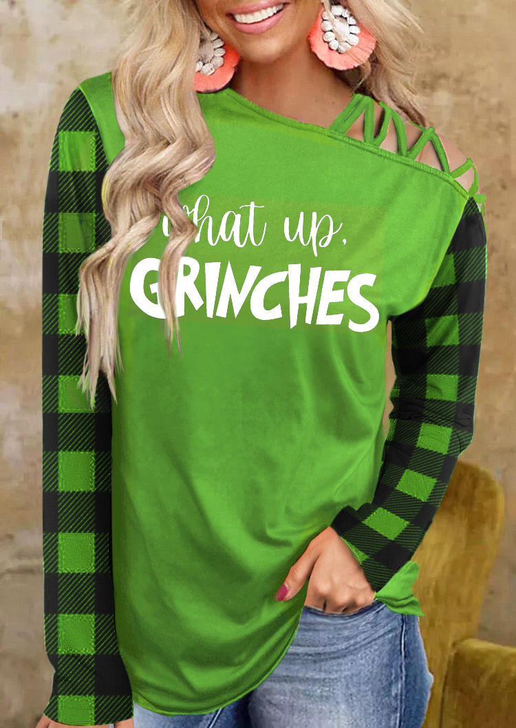 Blouses Plaid What Up Criss-Cross One Sided Cold Shoulder Blouse in Green. Size: L,M,S,XL